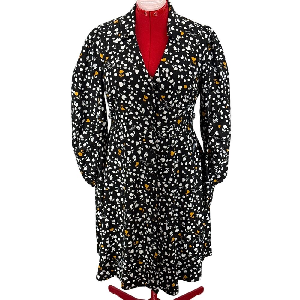 Karl Lagerfeld Black Floral Sheer Long Sleeve Crepe Button Shirtdress Women 10 - Picture 1 of 9